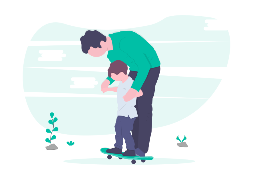 Illustration: Vater hilft Kind auf einem Skateboard