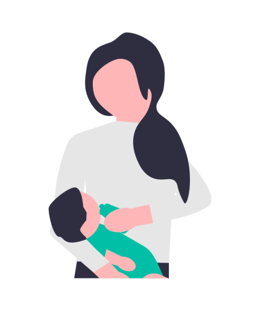 Illustration einer Mutter, die ihr Baby im Arm hält und es mit einer grünen Babyflasche füttert 