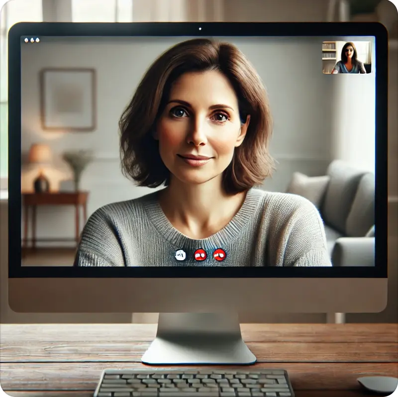 Eine Frau mit schulterlangem braunem Haar und einem freundlichen Gesichtsausdruck nimmt an einem Videotelefonat teil. Sie trägt einen hellgrauen Pullover und sitzt in einem gemütlich eingerichteten Wohnzimmer mit einem Sofa und einem Regal im Hintergrund. Der Videoanruf wird auf einem großen iMac-Bildschirm angezeigt, während eine kleine Vorschau der Gesprächspartnerin in der oberen rechten Ecke zu sehen ist.
