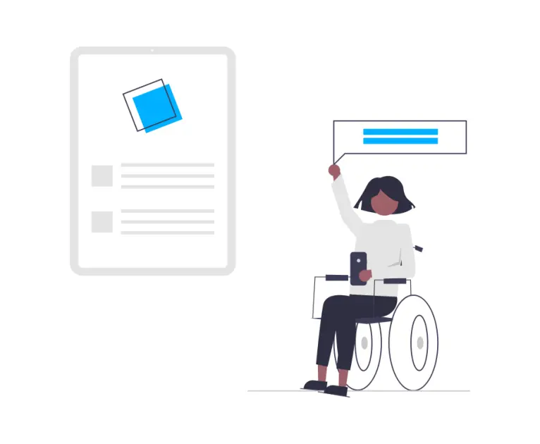 Eine minimalistische Illustration zeigt eine Frau im Rollstuhl, die ein Smartphone in der Hand hält und eine Sprechblase mit Feedback oder einer Nachricht anhebt. Neben ihr befindet sich ein großes digitales Dokument mit Text und einer Grafik, das eine Projektbewertung oder Kommunikation darstellt.