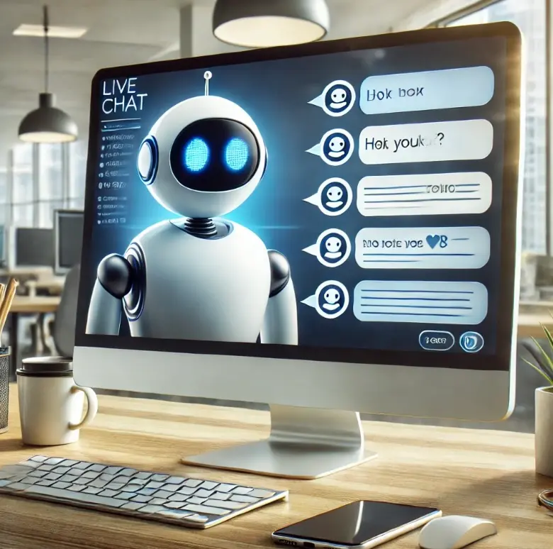 Das Bild zeigt einen Computerbildschirm, auf dem ein Live-Chat-Fenster mit einem Chatbot-Dialog geöffnet ist. Ein freundliches Roboter-Symbol neben den Nachrichten zeigt, dass die Unterhaltung vom Chatbot geführt wird. Der Computer steht auf einem aufgeräumten Schreibtisch mit einer Kaffeetasse, einem Smartphone und einer Pflanze. Helles Tageslicht sorgt für eine freundliche und moderne Atmosphäre.