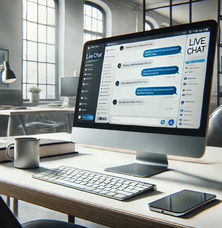 Ein iMac-Computer auf einem Schreibtisch in einem offenen Büro. Auf dem Bildschirm ist eine Live-Chat-Anwendung mit einer aktiven Unterhaltung zu sehen. Neben dem Computer liegen eine Tastatur, eine Maus, ein Smartphone und eine Kaffeetasse. Im Hintergrund befinden sich große Fenster, die viel Licht in den Raum lassen, sowie weitere Arbeitsplätze mit minimalistischer Einrichtung.