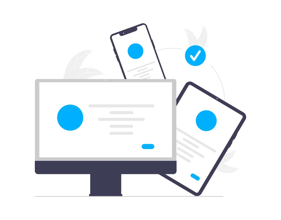 Eine minimalistische Illustration zeigt ein Desktop-Monitor, ein Smartphone und ein Tablet, die miteinander synchronisiert sind. Ein blaues Häkchen-Symbol verdeutlicht die erfolgreiche Verbindung zwischen den Geräten.