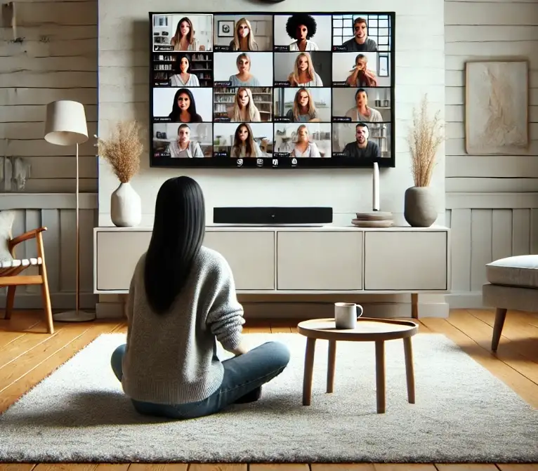Eine junge Frau sitzt im Schneidersitz auf dem Boden eines schlichten, modern eingerichteten Wohnzimmers. Sie blickt aufmerksam auf einen großen Smart TV, auf dem eine Video-Therapiegruppe mit diversen Teilnehmern in einem Video-Call zu sehen ist. Die Einrichtung ist minimalistisch, in neutralen Tönen gehalten, mit klaren Linien und wenig Dekoration.