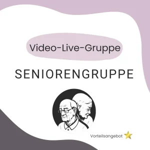Text 'Video-live-Gruppe' und 'Seniorengruppe' über ein rundes Symbol mit den Porträts eines älteren Mannes mit Brille und einer älteren Frau im Profil, darunter der Hinweis 'Vorteilsangebot' mit Sternsymbol.