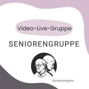 Text 'Video-live-Gruppe' und 'Seniorengruppe' über ein rundes Symbol mit den Porträts eines älteren Mannes mit Brille und einer älteren Frau im Profil, darunter der Hinweis 'Standardangebot'.