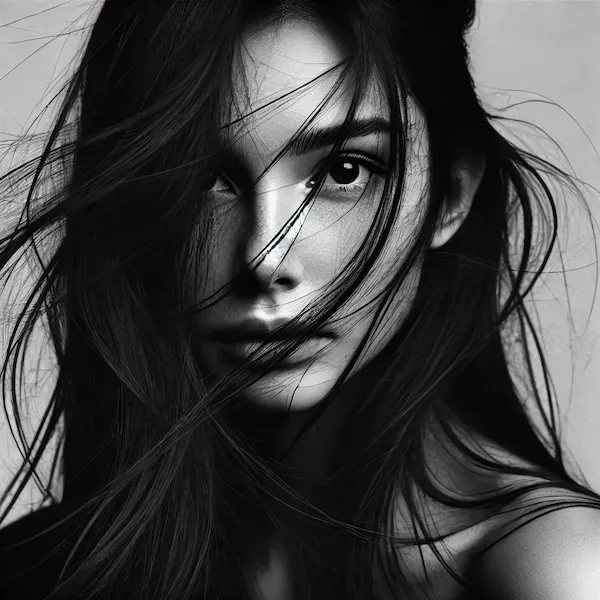 Schwarz-weiß-Porträt einer Frau mit vom Wind verwehten Haaren.