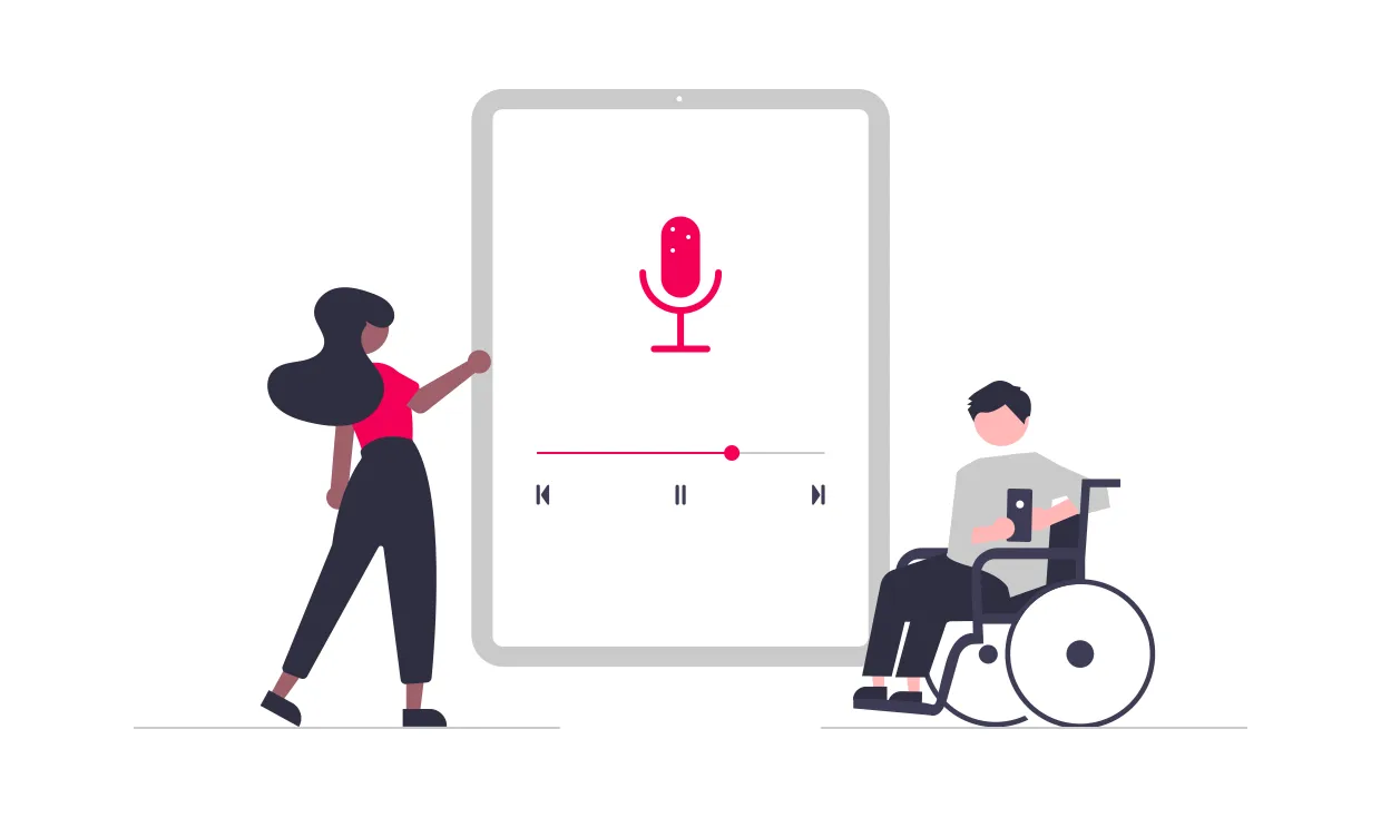 Illustration einer Frau und eines Mannes im Rollstuhl, die vor einem großen Tablet mit Mikrofon-Symbol stehen – Darstellung eines barrierefreien Podcasts.