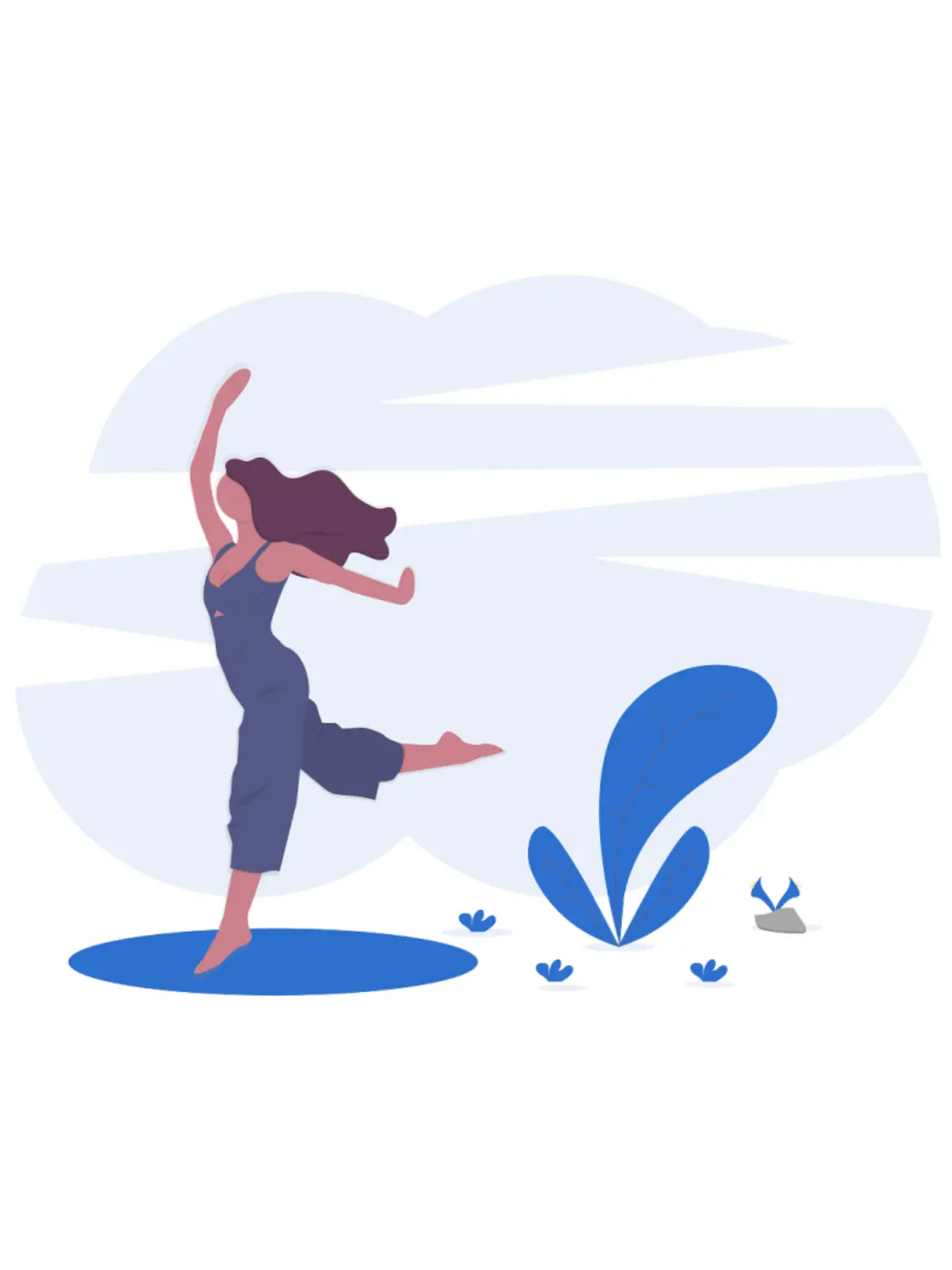 Illustration einer barfuß tanzenden Frau mit langen Haaren in einem blauen Jumpsuit vor einem abstrakten Himmelshintergrund. Neben ihr wachsen stilisierte blaue Pflanzen auf dem Boden.