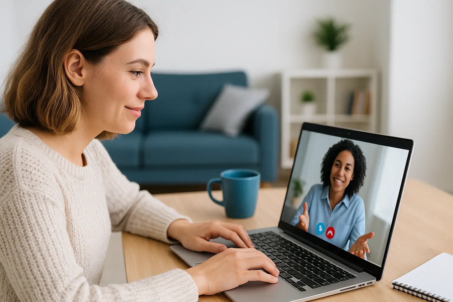 Videoberatung am Laptop zwischen Patientin und Beraterin in heller Umgebung