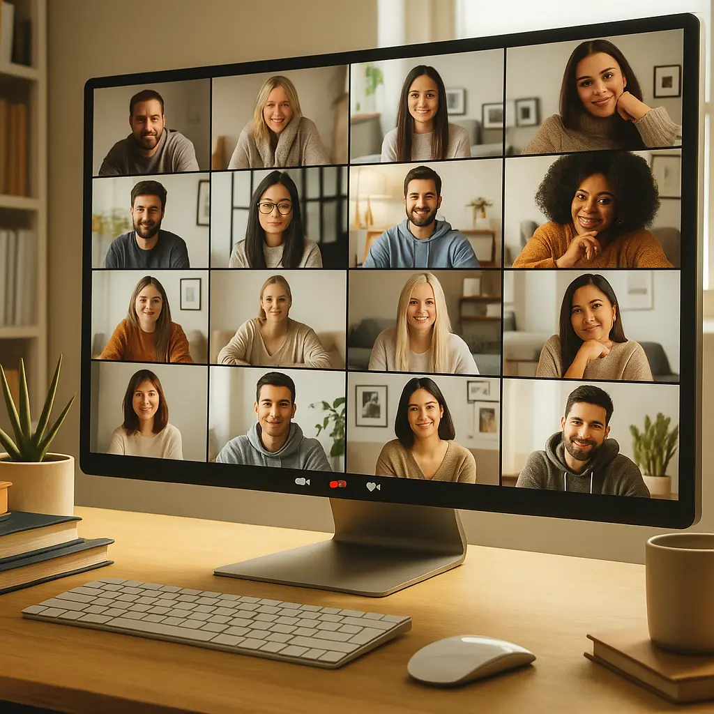 Mehrere Personen nehmen von zu Hause aus an einer Online-Videokonferenz teil, gezeigt auf einem Monitor in einem modernen Arbeitszimmer.