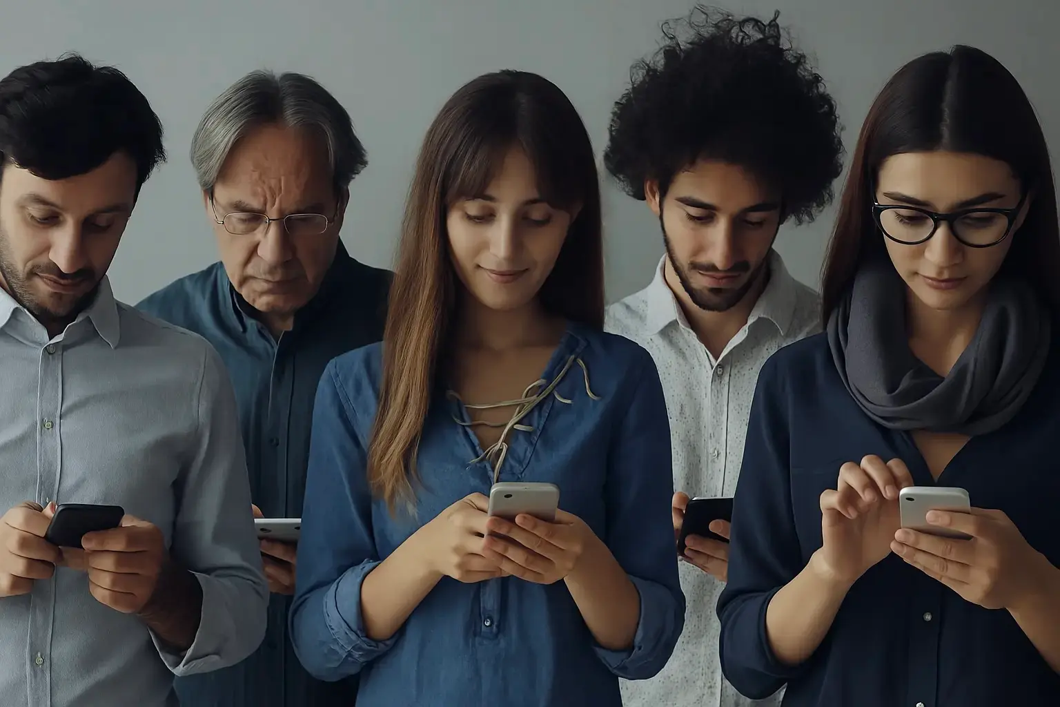Fünf Personen unterschiedlichen Alters schauen konzentriert auf ihre Smartphones. Sie stehen nebeneinander vor neutralem Hintergrund.Link führt zu einem YouTube-Video über DigGesV.