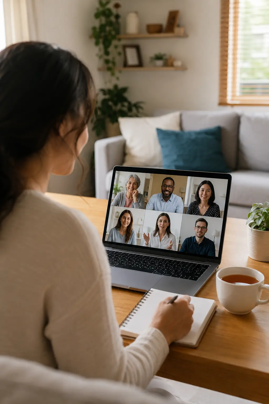 Eine Frau sitzt zu Hause am Laptop und moderiert eine Online-Mental-Health-Gruppe an der mehrere Erwachsene teilnehmen.
