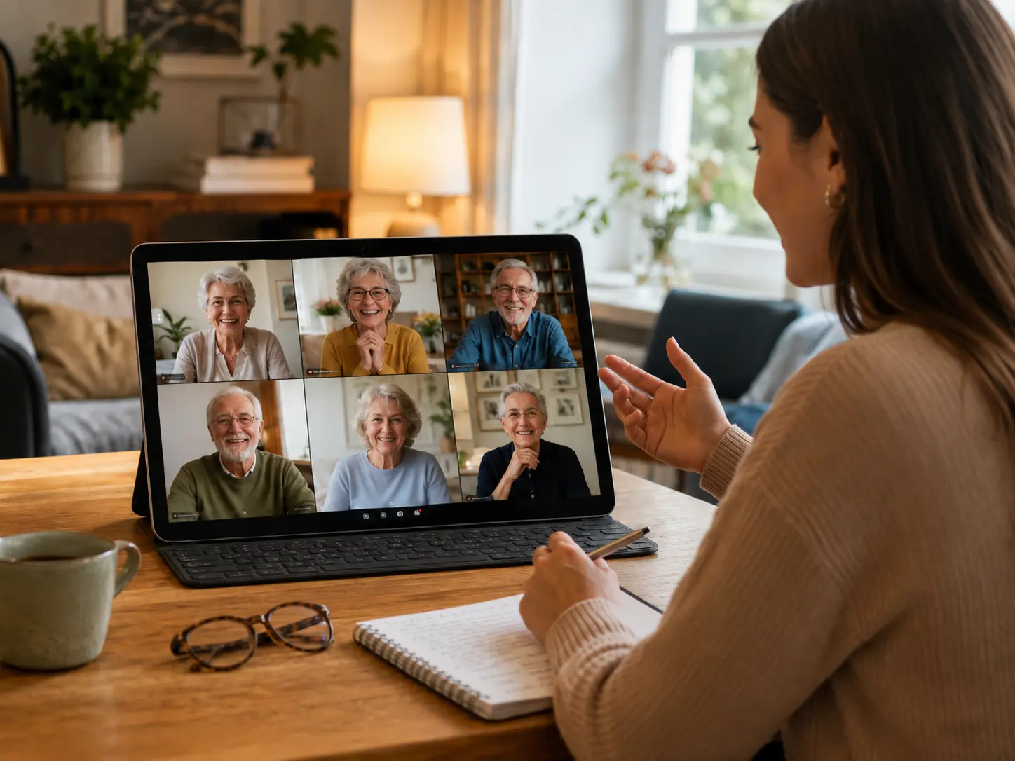 Junge Moderatorin sitzt an einem Tisch vor einem Bildschirm und leitet ein Online-Treffen mit mehreren Seniorinnen und Senioren in freundlicher Atmosphäre.
