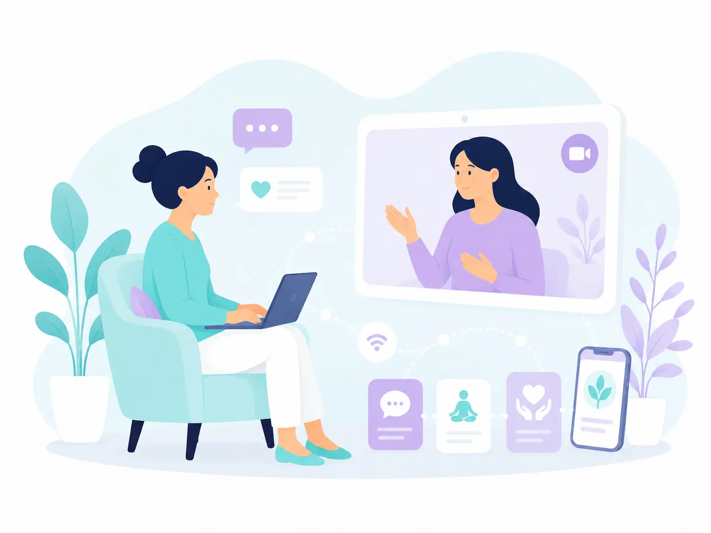Illustration einer Frau bei einer digitalen Beratung per Videoanruf.