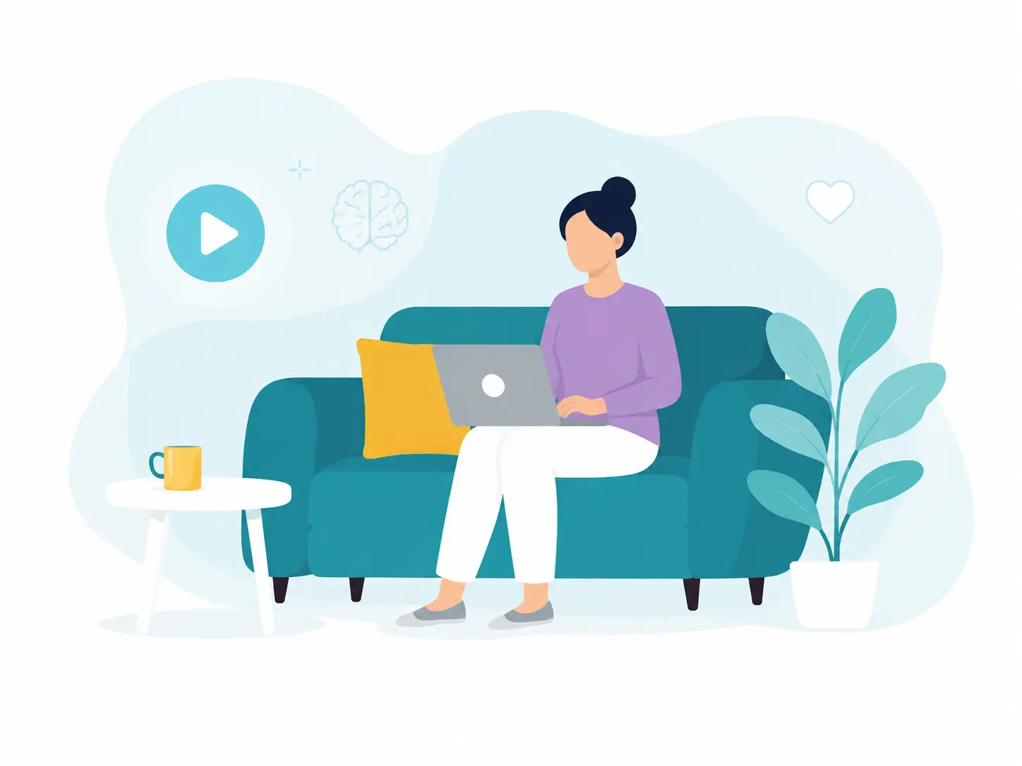 Illustration einer Frau, die entspannt auf einem Sofa sitzt und auf ihrem Laptop Inhalte der Video-Bibliothek betrachtet.
