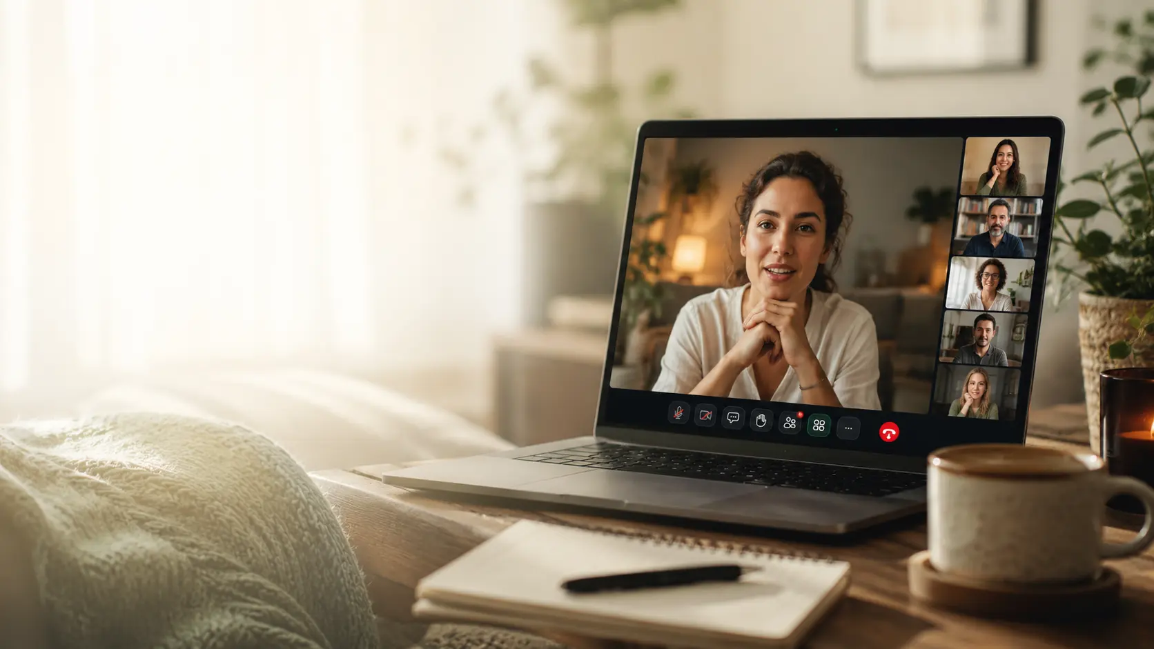 Laptop mit digitaler Mental-Health-Gruppe in einer Videokonferenz.