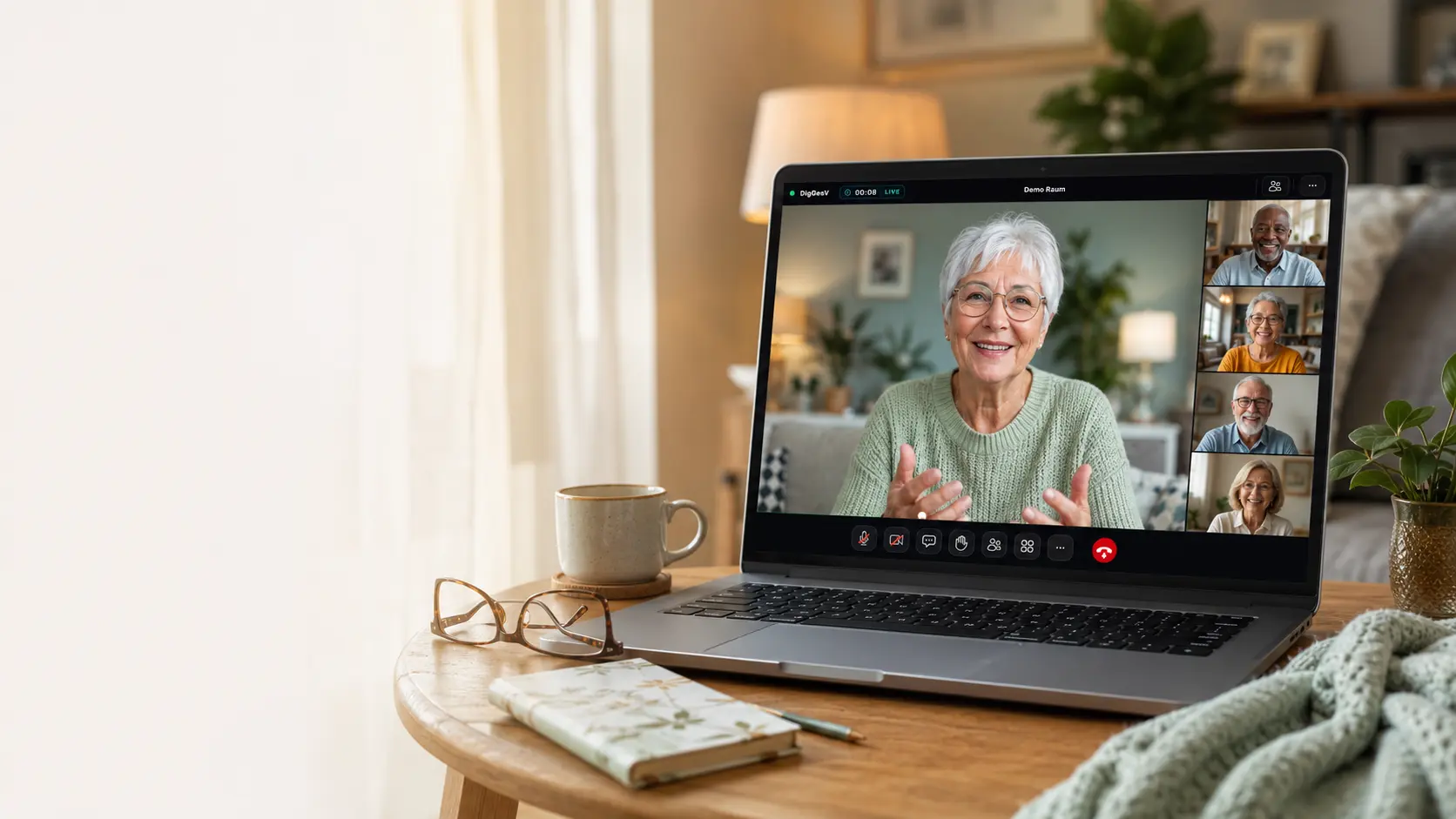Laptop mit einer digitalen Seniorengruppe in einer Videokonferenz.