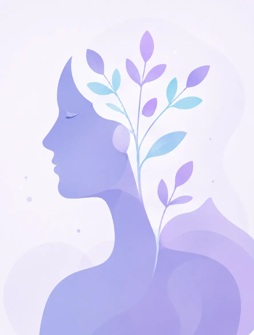 Stilisierte Seitenansicht einer Person mit geschlossenen Augen in sanften Lila- und Blautönen. Aus dem Kopf- und Halsbereich wachsen feine Zweige mit Blättern. Die Illustration symbolisiert seelische Traumafolgen, innere Verarbeitung und Heilung.